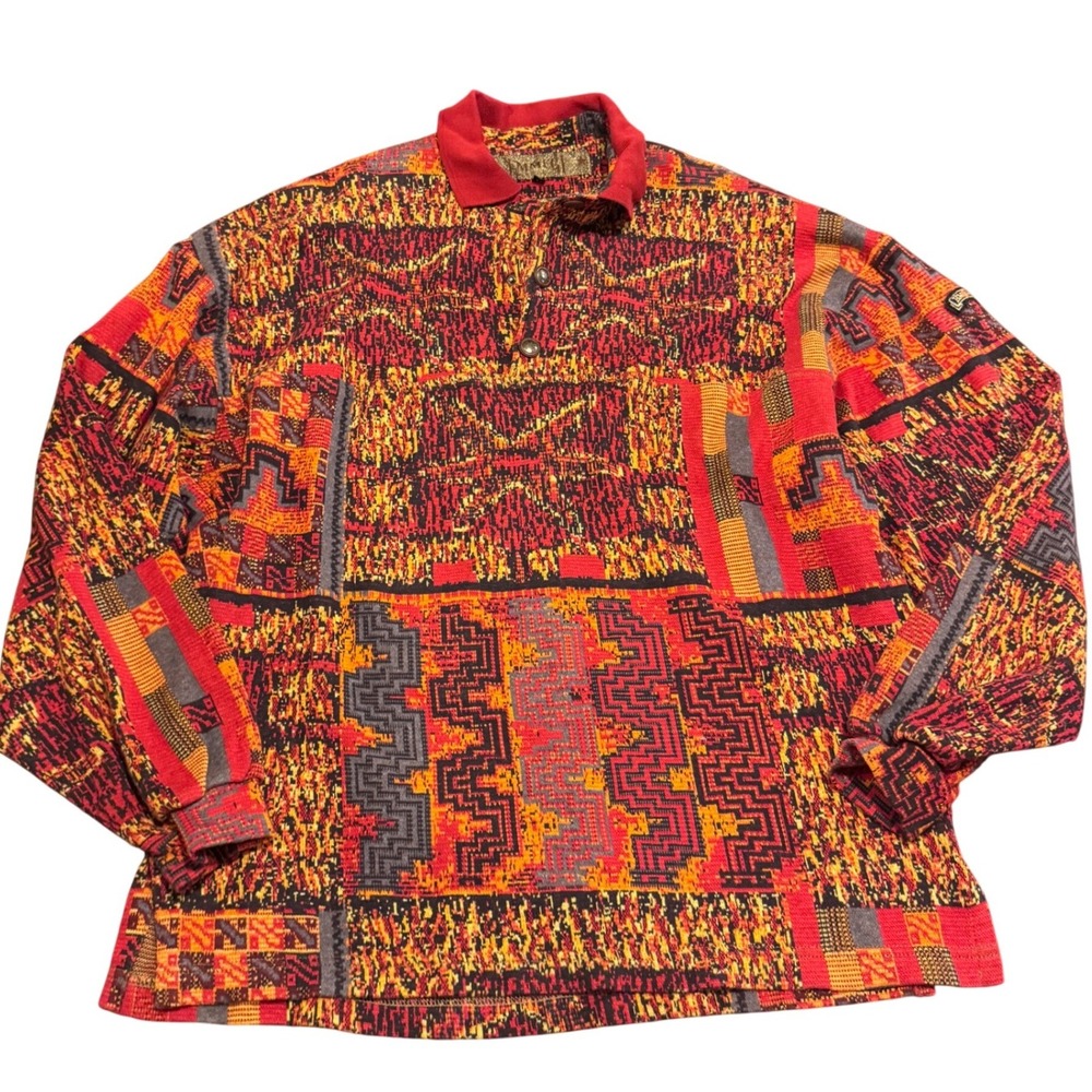 Emmegi Austria Vintage Knit Sweater Abstract Geometric Multi Color Orange Red